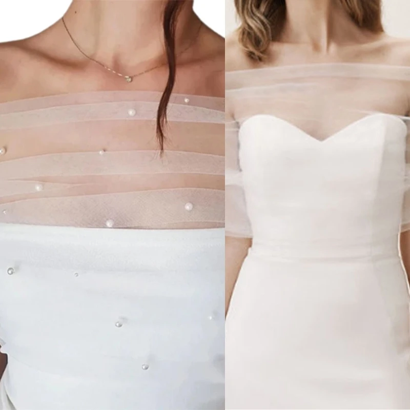 

R1WE Elegant Mesh Bridal Cover Up Shoulder Shawl with/without Imitation Pearls Detailing for Garden Wedding Accessories