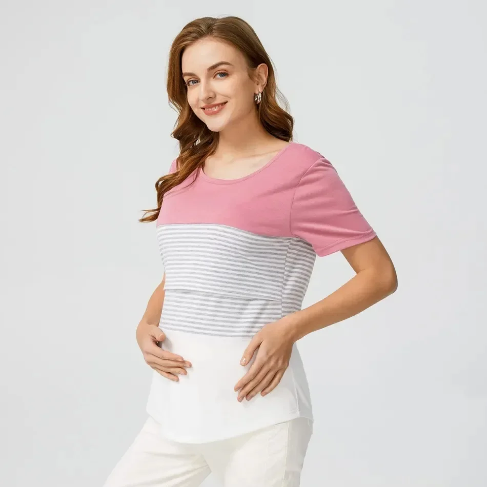 

Pregnant Women Nursing T Shirt Maternity Summer Short Sleeve Crew Neck Tees Striped Lactation Top For Breastfeeding Shirt Casual