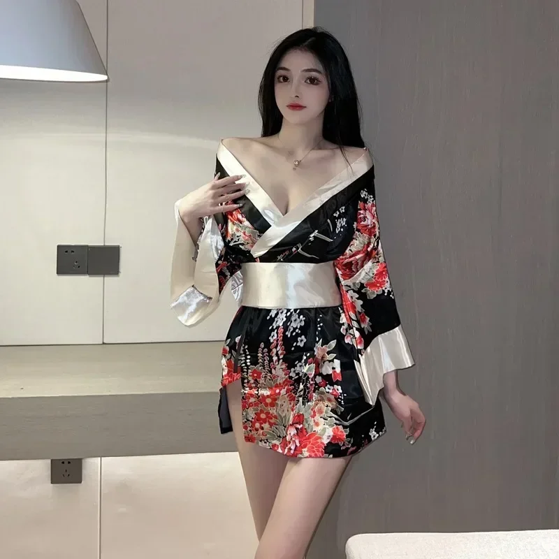 

Sexy Lingerie Japanese Kimono Seductive Topless Print Women's Pajama Set Uniform Temptation Sleepwear Traditional Dress Robe