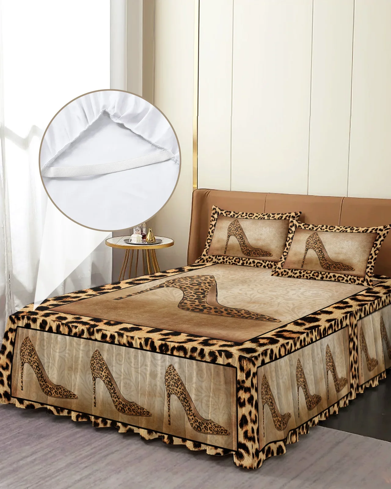 

Leopard Print High Heels Bed Skirt Elastic Fitted Bedspread With Pillowcases Bed Protector Mattress Cover Bedding Set Bed Sheet