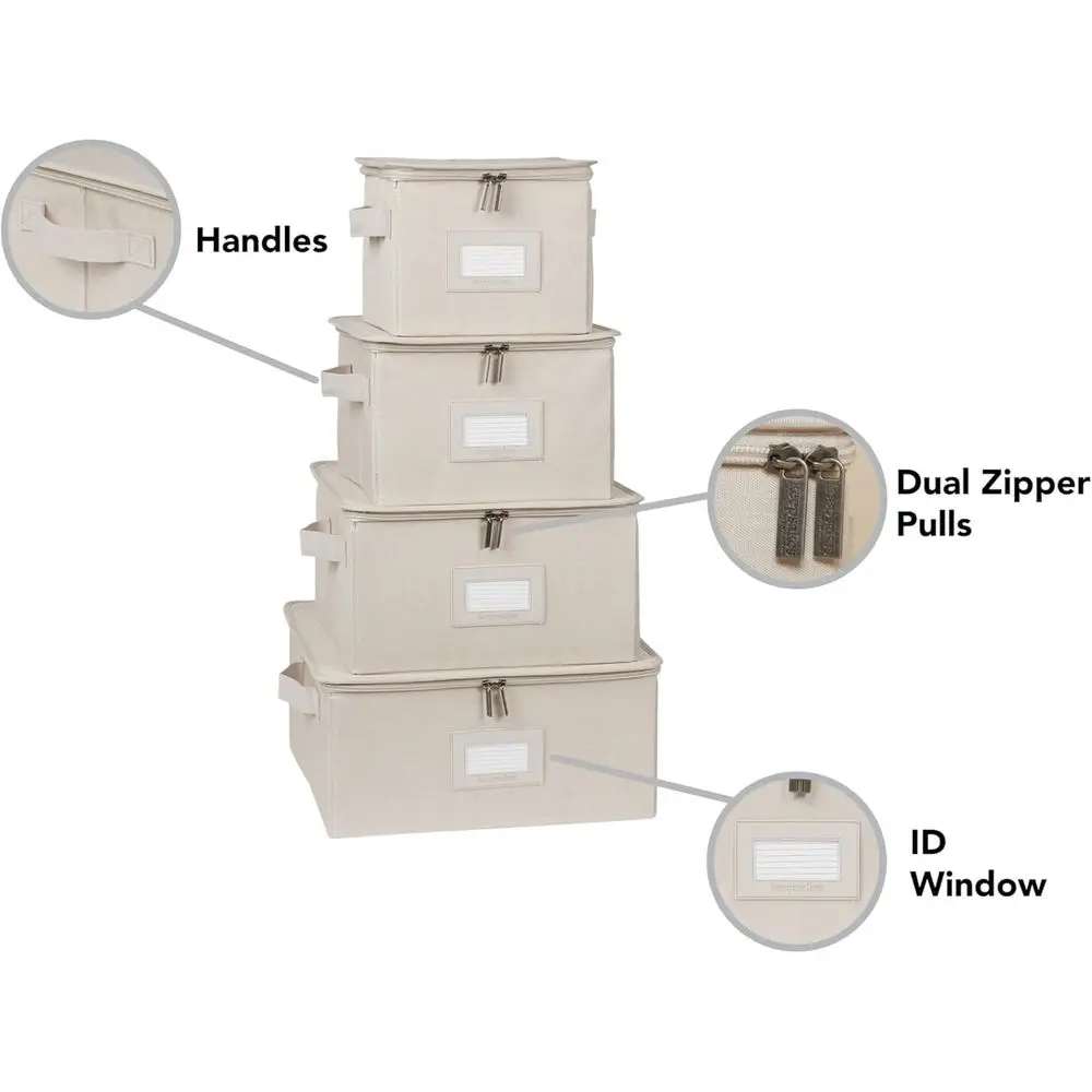 Stackable Dinnerware Storage Set with Dividers, Dual Zips, Reinforced Handles, ID Window, Beige Heather