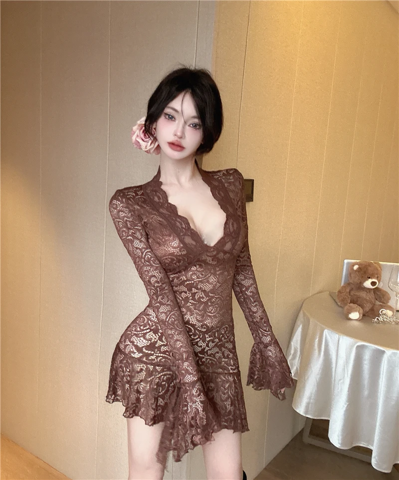 مثير المنخفضة قطع الخامس الرقبة الدانتيل الخصر cinching التخسيس غير النظامية متوهج كم مزاجه اللباس #3