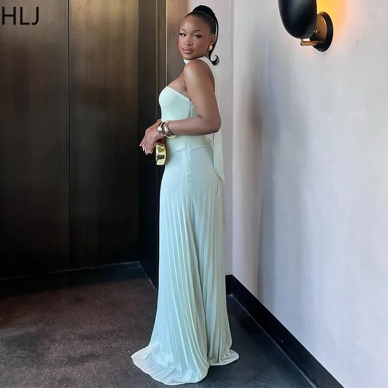 HLJ zomer elegante ruches patchwork lange jurk vrouwen strapless sjaal mouwloze geplooide maxi jurken vrouwelijke streetwear vestidos