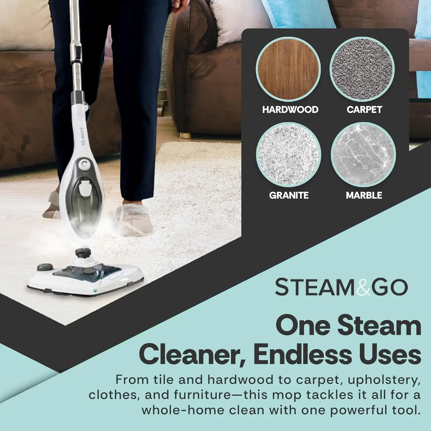 Steam and Go 10-in-1 Steam Mop - Floor Steamer with Detergent Chamber and Detachable Handle for Tile Grout, Clothes, Furniture,