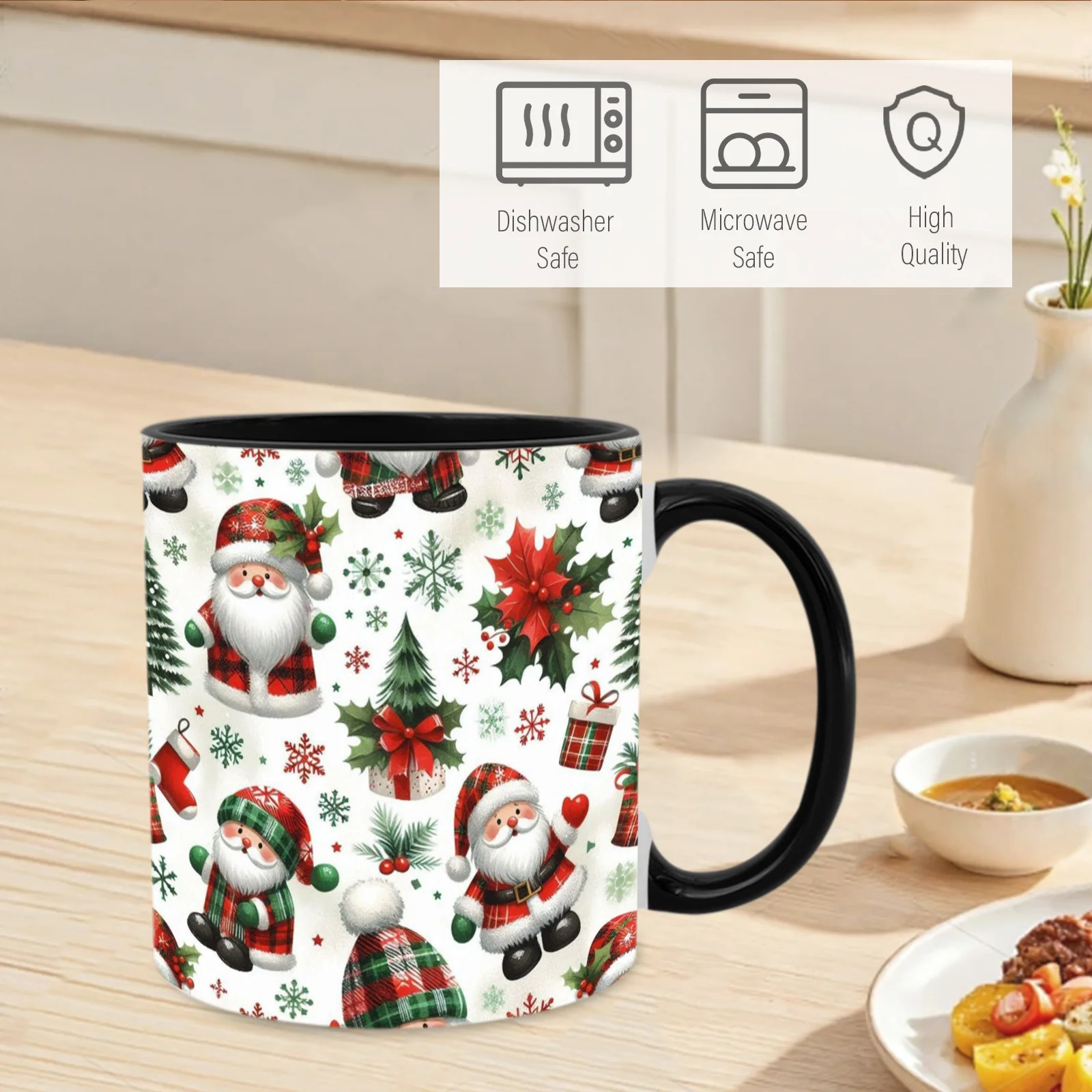 1pc Vintage Christmas Santa Claus Ceramic Mug - 11oz Red & Green Plaid Coffee Cup with Santa, Snowman & Holly Berry Hat Design, Durable Dishwasher- Hot Drinkware for Adults, Holiday Gift, Home or Office Use - Reusable Ceramic Cup