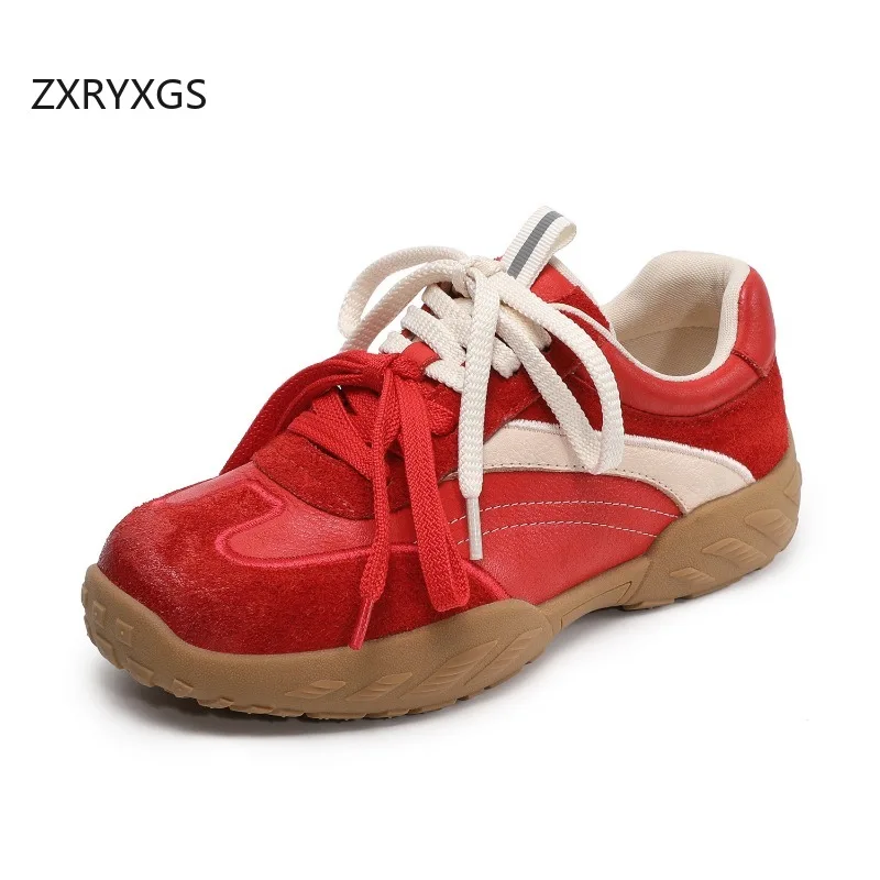 ZXRYXGS 2026 New Spring Spell Color Splicing Top Cowhide Leather Sneakers Women's Flats Fashion Casual Sneaker Travel Shoes Tide