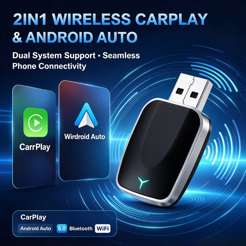 2026 PREMIUM FLIXIVI 2in1 Wireless CarPlay Android Auto Adapter Mini Box Plug and Play Universal for Car Wireless Adapter