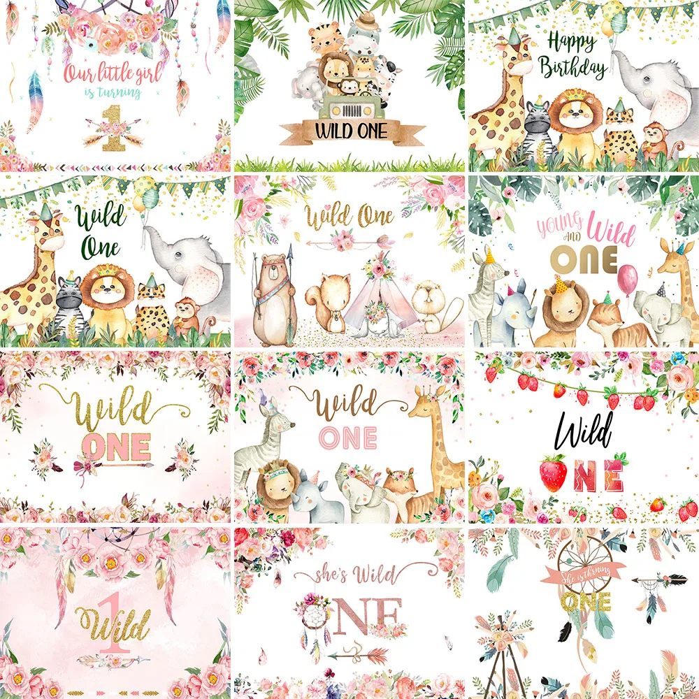 

Mocsicka Wild One Backdrop Animal Jungle Girls Happy Birthday Party Baby Shower 1st Photography Background Decor Photo Banner