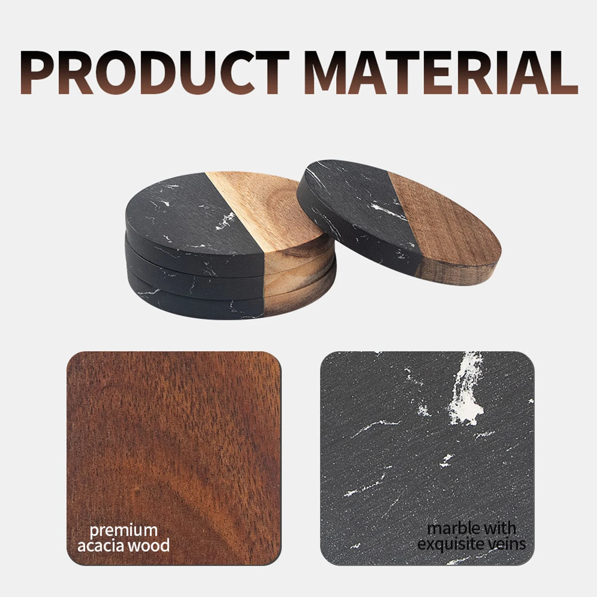 

Marble & Acacia Wood Coaster Set - 4-Piece Heat-Resistant for Coffee, Wine & Tables | Stain-Proof Natural Stone Cup Mats
