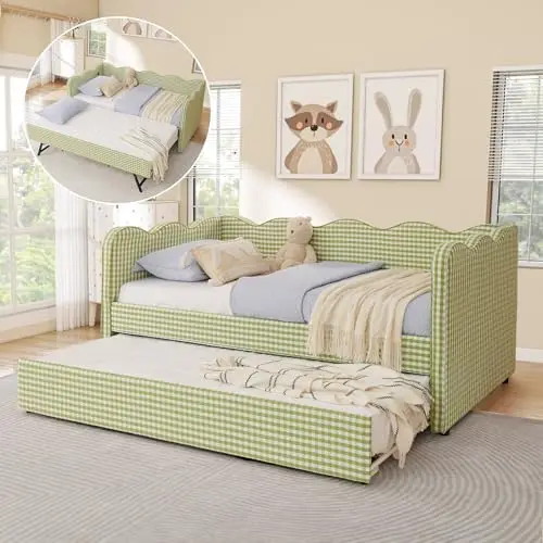 Twin Size Daybed with Pop Up Trundle, Linen Gingham Twin to King Daybed with USB Ports, Upholstered Day Bed Frame