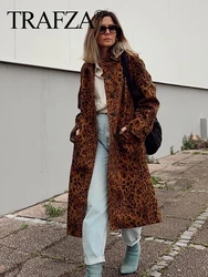 TRAFZA 2024 Women Vintage Leopard Print Lapel Jacket Coat Female Long Sleeve Hidden Buckle Pocket Loose Slim Overcoat TRAF