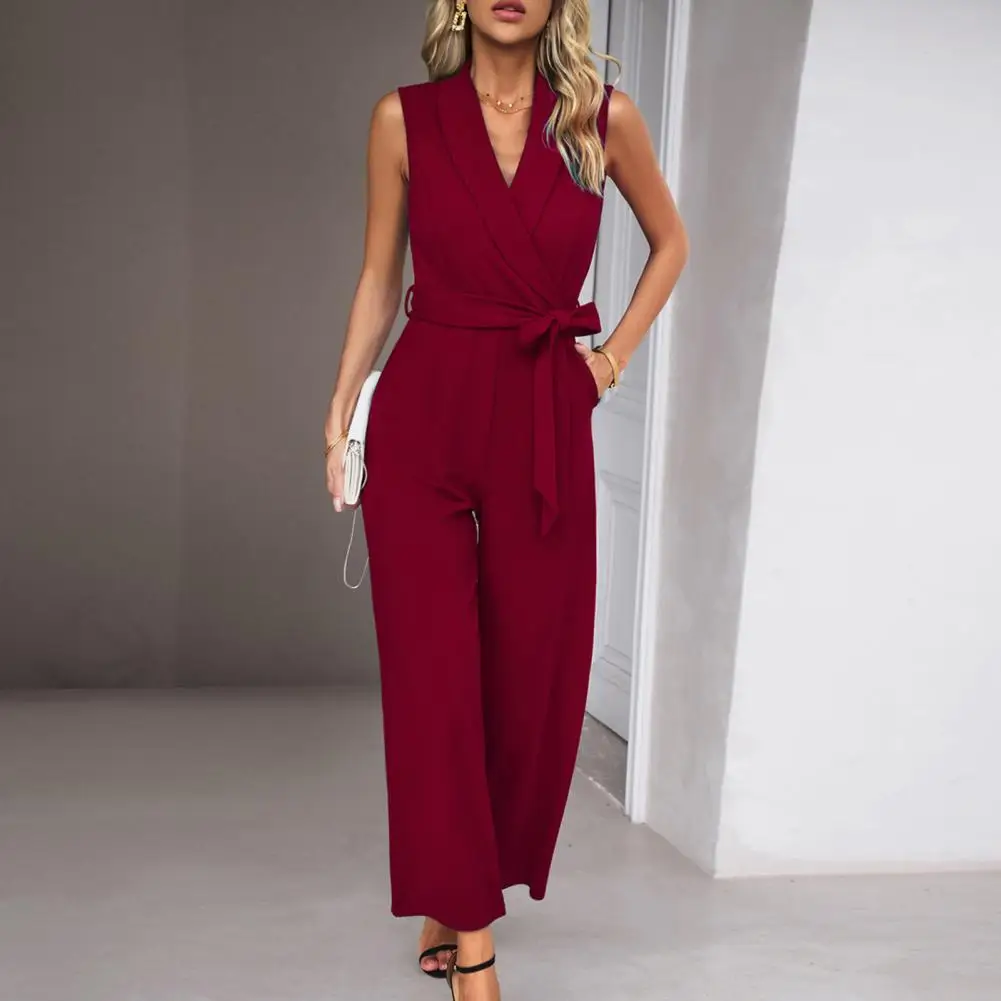 

Pure Color Jumpsuit Casual Jumpsuit Stylish Women's V-neck Sleeveless Jumpsuit with Wide Leg Belted High Waist for Summer Work