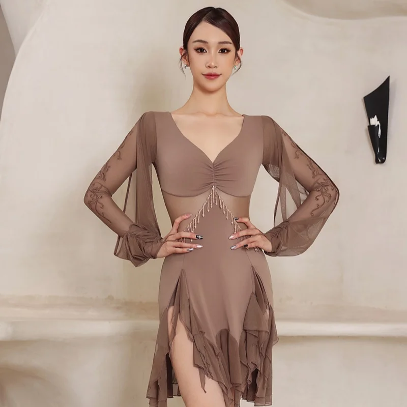 

Latin dance cha cha samba competition costume high-end sexy professional performance costumes women slimming long sleeved dress