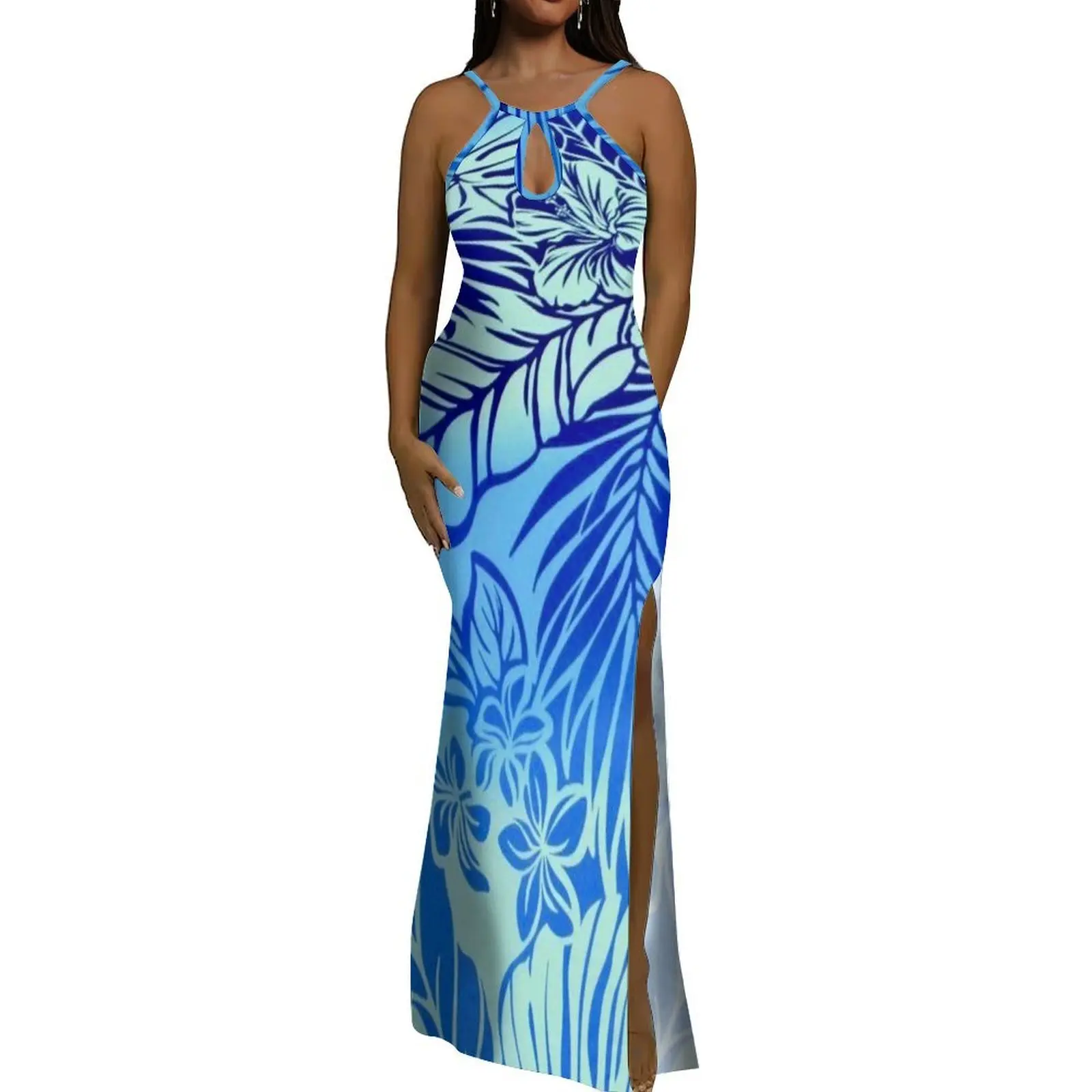 Vestido largo hasta el suelo con forma de gota de agua y cuello Halter para mujer polinesia, vestido de noche con patrón Floral hecho a medida, impresionante vestido de verano