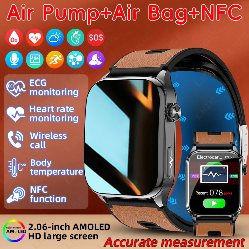 LIGE New NFC Smart Watch 2.06 in Smart Voice Assistant Air Pump Precision Blood Pressure ECG Smartwatch SOS Smart Band For Women
