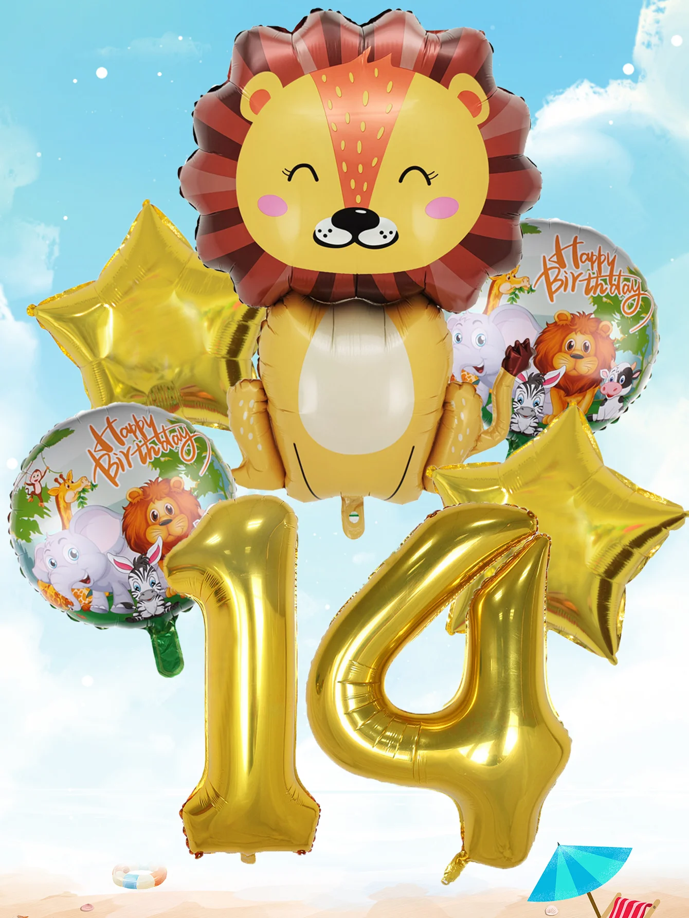 6pcs Gold Large Lion Number Foil Balloons Animal Helium Balloon Children\'s Birthday Party Decorations Kids Inflatable Toys