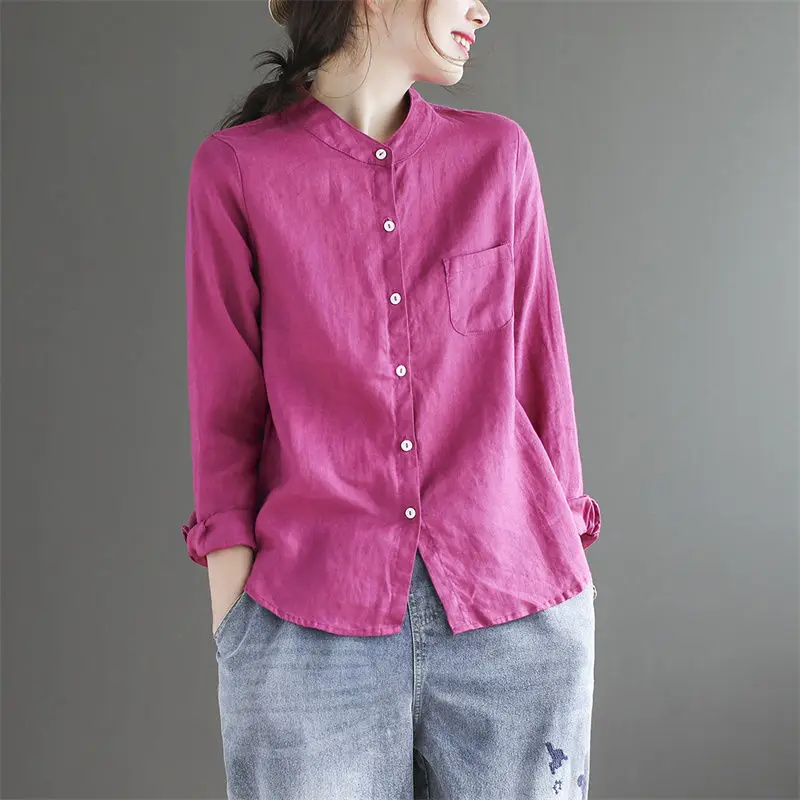 2023 Spring Autumn New Solid Color Stand Collar Long Sleeve Shirt Women Fashion Casual Comfortable Cotton Hemp All-match Tops