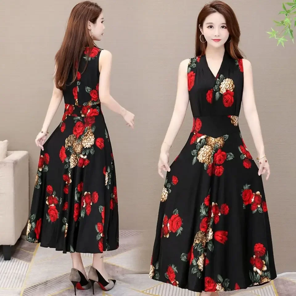 Sleeveless Dress Women Summer Long Beach Dresses New Middle-aged Oversized Large Swing Long Skirt