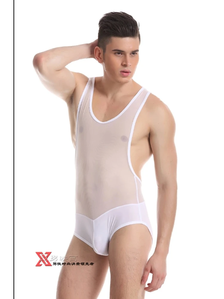 Ropa interior sexy personalizada para hombre, chaleco de malla de una pieza, ropa interior transparente negra