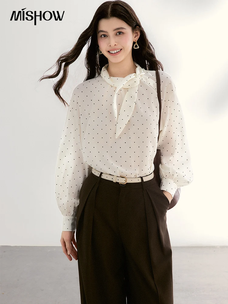 

MISHOW Women's White Polka Dot Blouse Spring Bow Tie Neck Sheer Chiffon Blouses Casual Long Sleeve Top Office Lady MXF13X2531