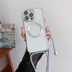 Electroplate Magnetic Clear Phone Case for IPhone 16 15 14 Plus 13 12 11 Pro Max Crossbody Lanyard Necklace Protective Cover