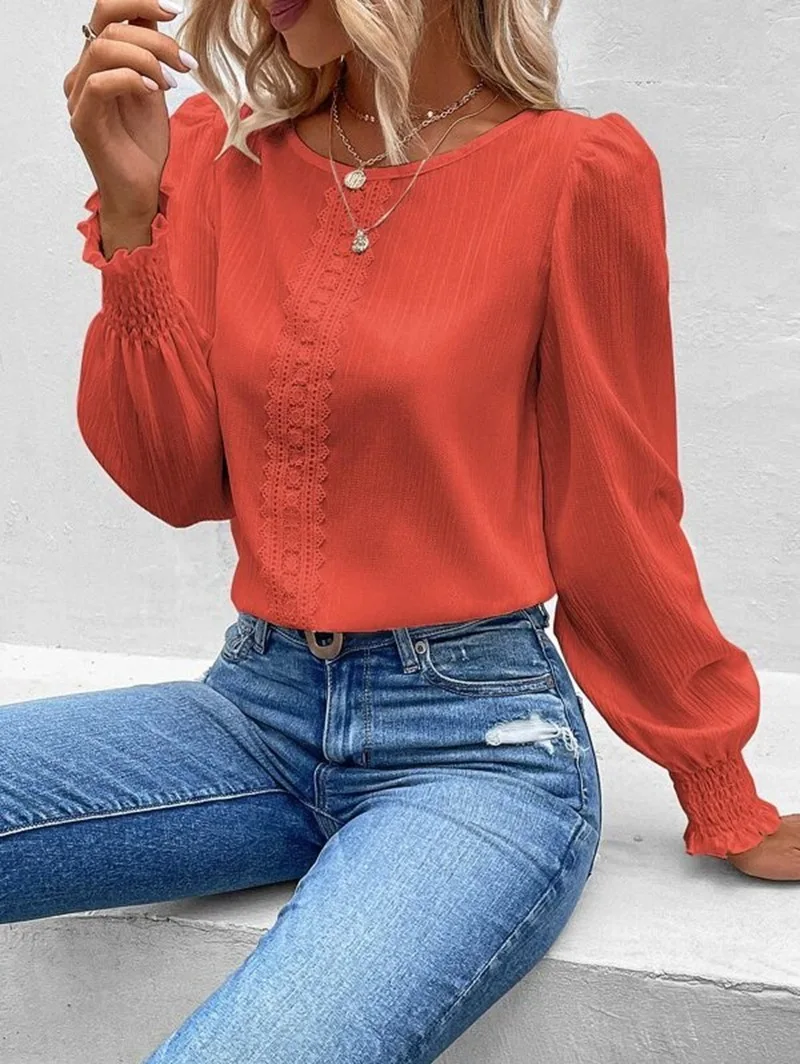 Elegant Women's Long Sleeved Shirt Spring/Summer 2023 Round Neck  Casual Solid Color Blouse Office Lady Clothing S-2XL