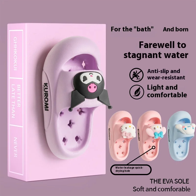 

Sanrio/модные однотонные дышащие нескользящие сандалии из ЭВА для девочек с детскими тапочками Kuromi, подарки, домашняя уличная обувь