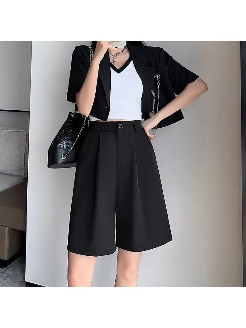 Black High Waist Suit Five Point Shorts Draped Pleated Wide Leg Mid Length Trouser Shorts