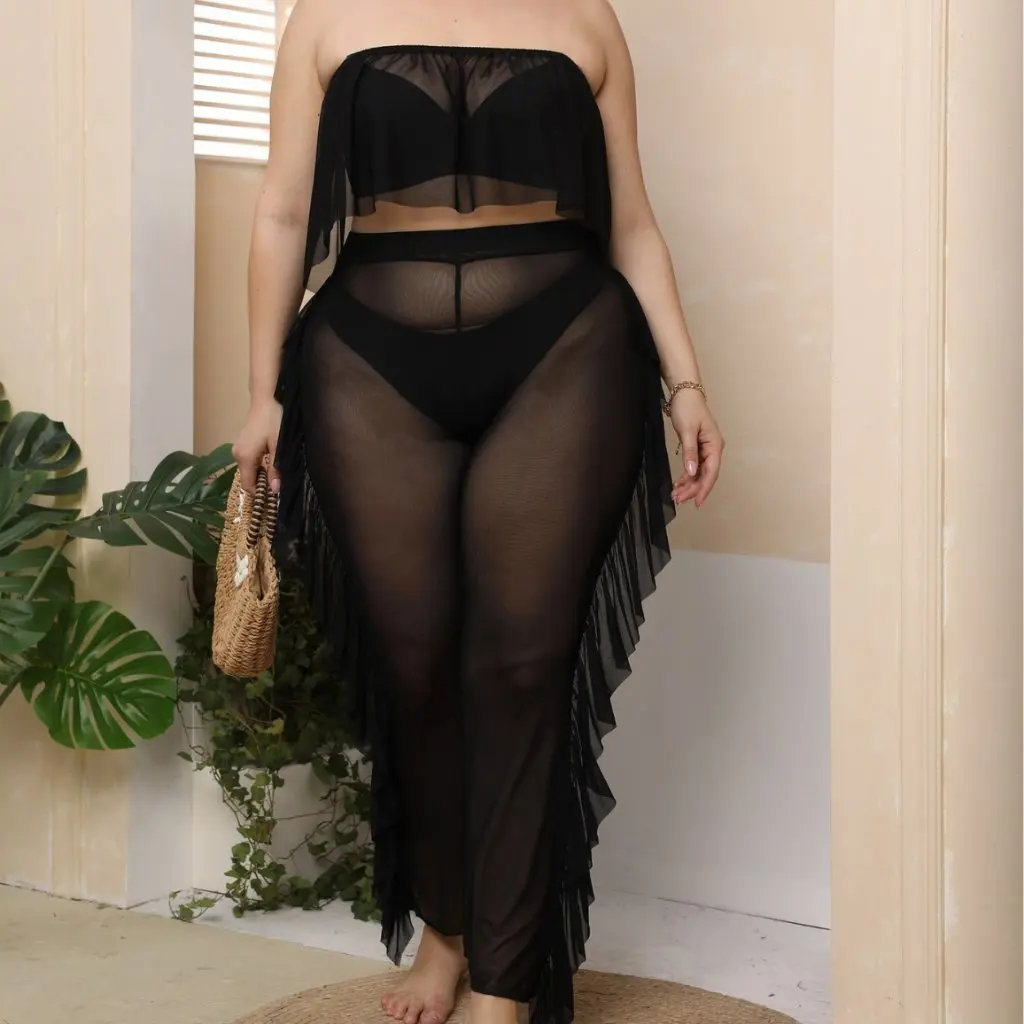 Vacanza al mare Maglia trasparente sexy taglie forti Abito da spiaggia da donna Pantaloni arricciati Set da due pezzi Stile europeo americano