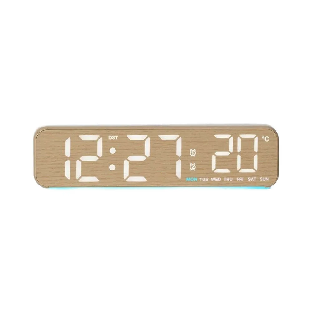 1 Piece LED Digital Clock Wood Grey Color Adjustable Brightness Temperature Date Display For Home Bedside Living Room Decor