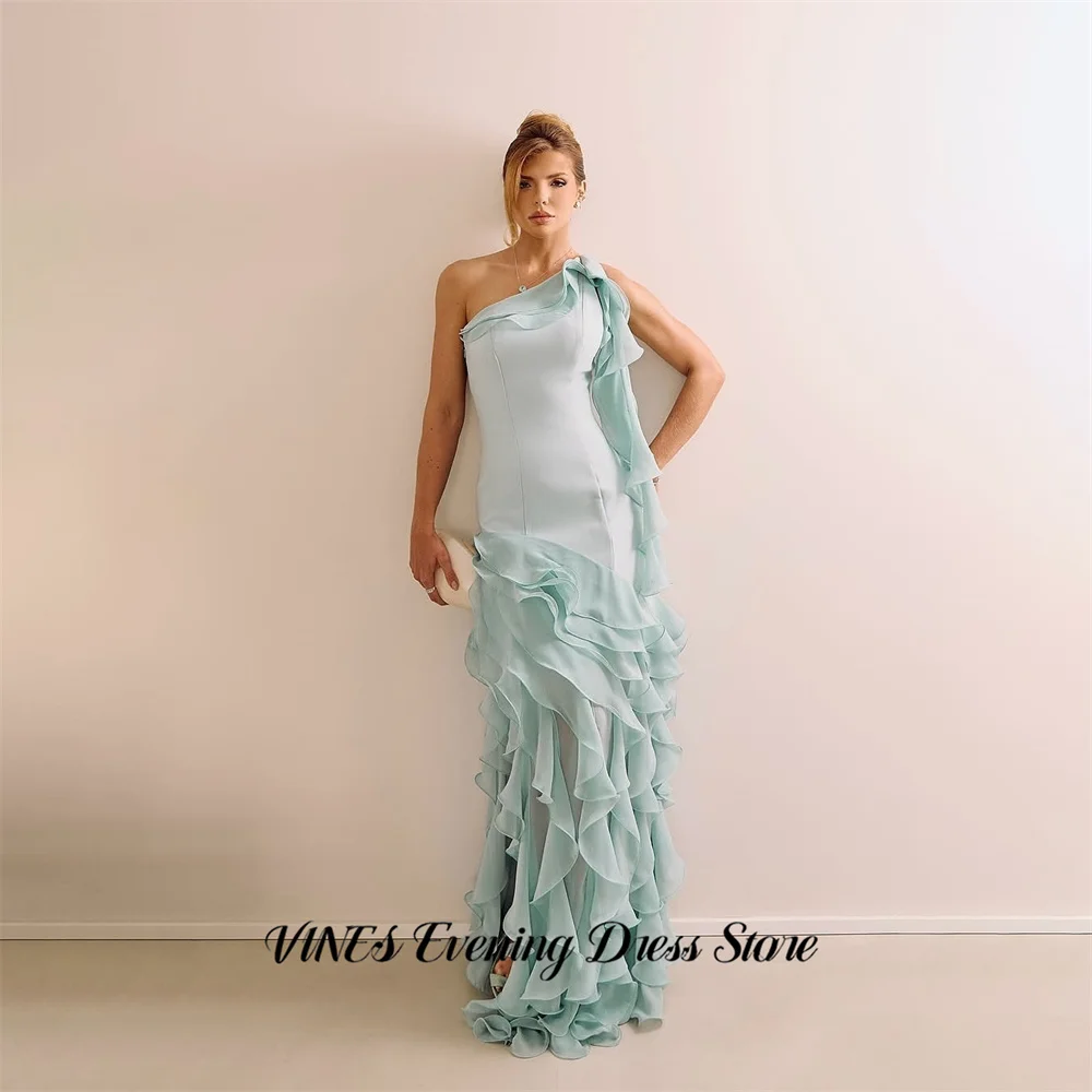 

VINES Mint Evening Dress One Shoulder Party Dress with Ruffle Chiffon vestidos de fiesta Fitting Silhouette Prom Gown Customized
