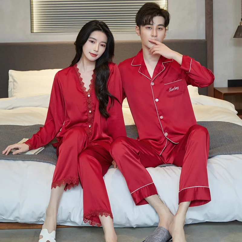 Gray Rayon Couple Pajamas Set Sleepwear Spring Autumn Long Sleeve  Shirt&pant Bridegroom Bride Wedding Gift Casual Home Clothes