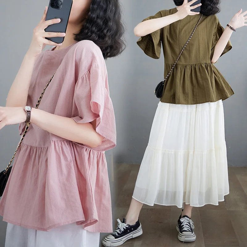 Japan's 2026 Summer New Style Pure Cotton Loose Fit Off-Shoulder Bell Sleeve Women's Top, Japanese Simple Slim-Fit Design
