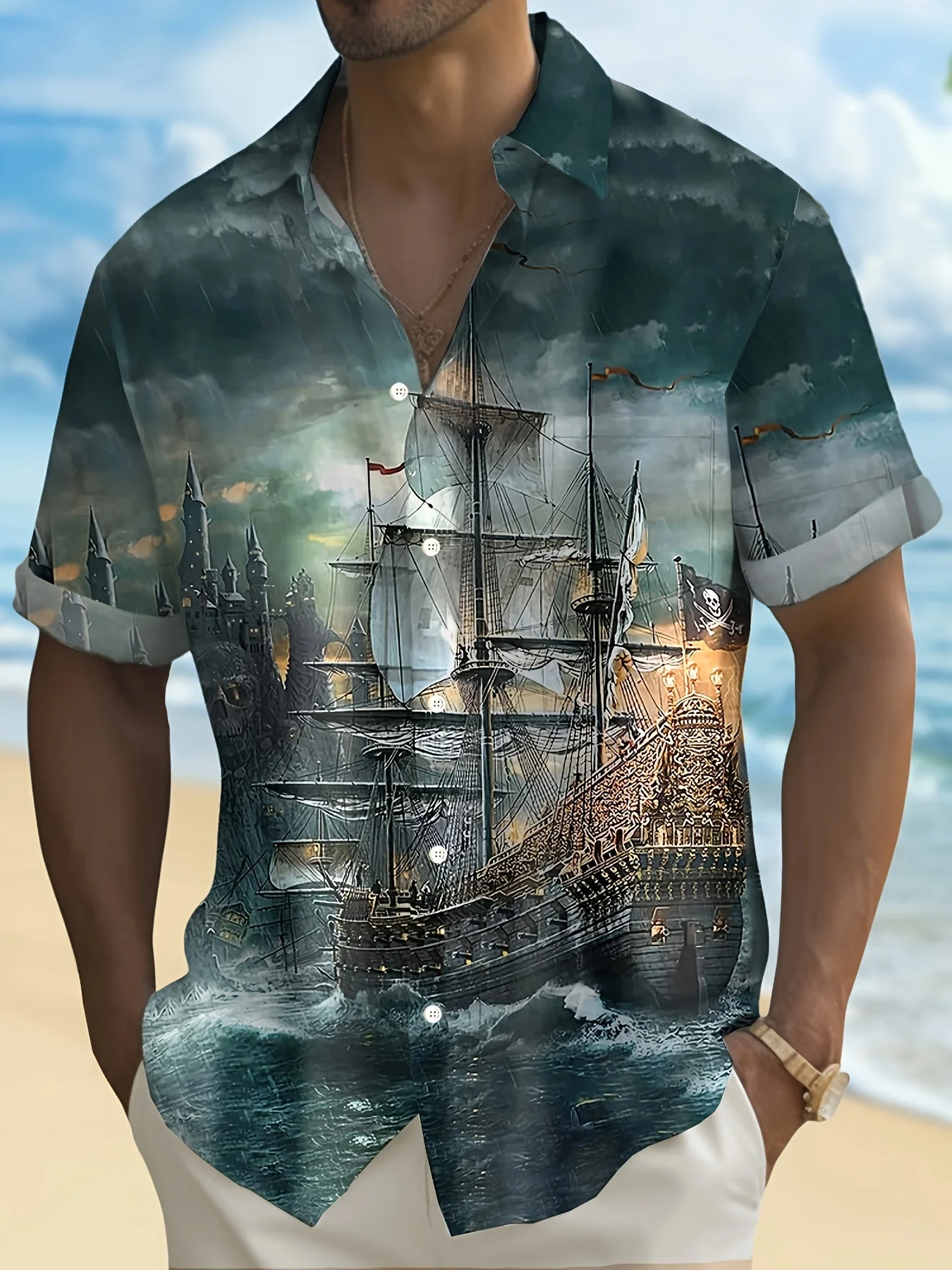 

Plus Size Men's 3D Ship Print Shirt Retro Cool Short Sleeve Shirt Summer Creative, Men's Clothing