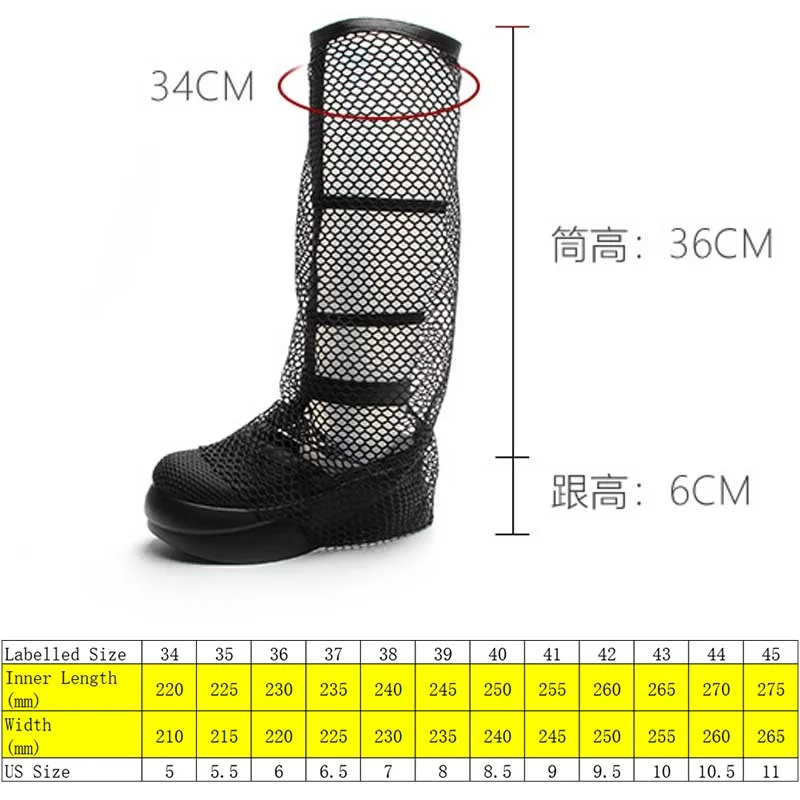 Fujin 6cm Air Mesh Sandals Women Knee High Boots Thick Heels Round Toe ZIP Summer Hollow Platform Wedge Fashion Breathable Shoes