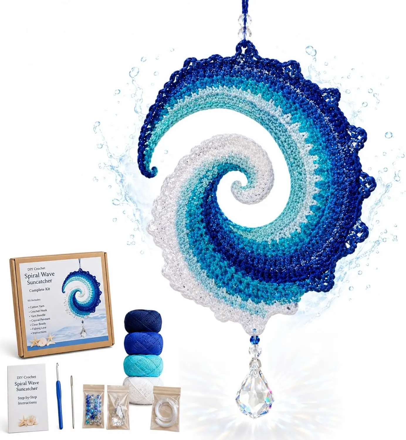 Ocean Wave Crochet Wind Spinner DIY Kit with Crystal Suncatcher