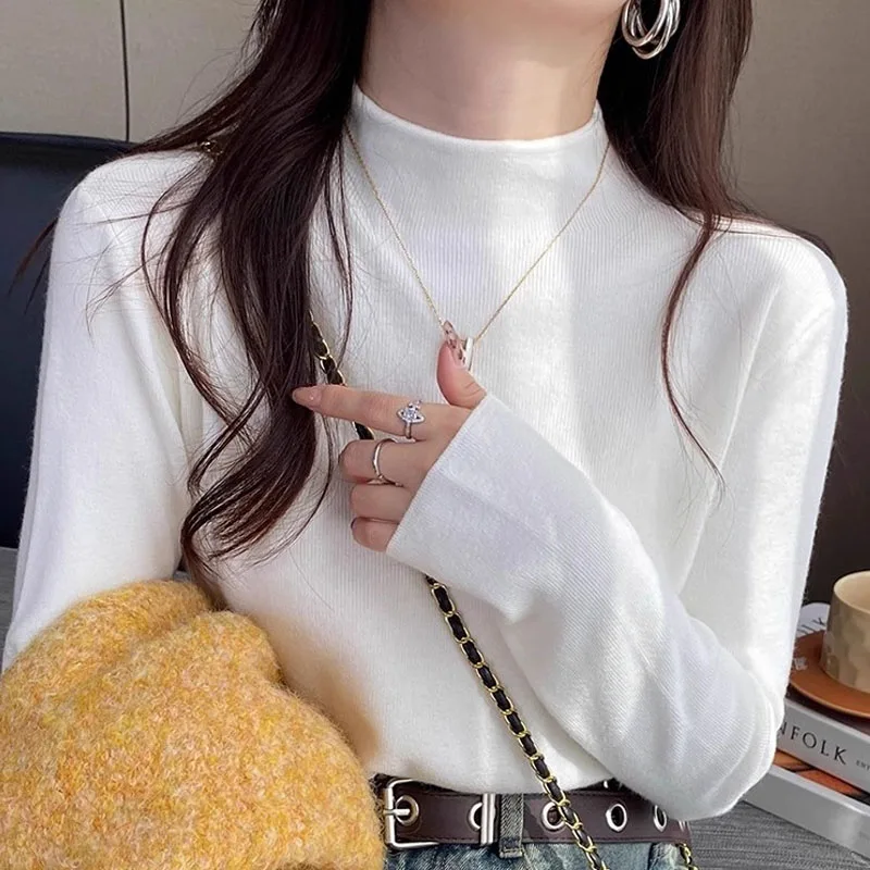 

Knitwears New Long Sleeve Knitted Sweater Women Pullovers White Mock Neck Knit Sweater Pullover Women Tops Sueter Feminino Q2621