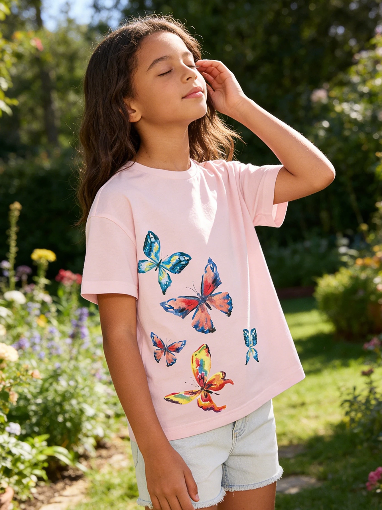 

2026 Girls Light Pink Watercolor Butterfly Print Short Sleeve T-Shirt, Casual Top Summer Dress