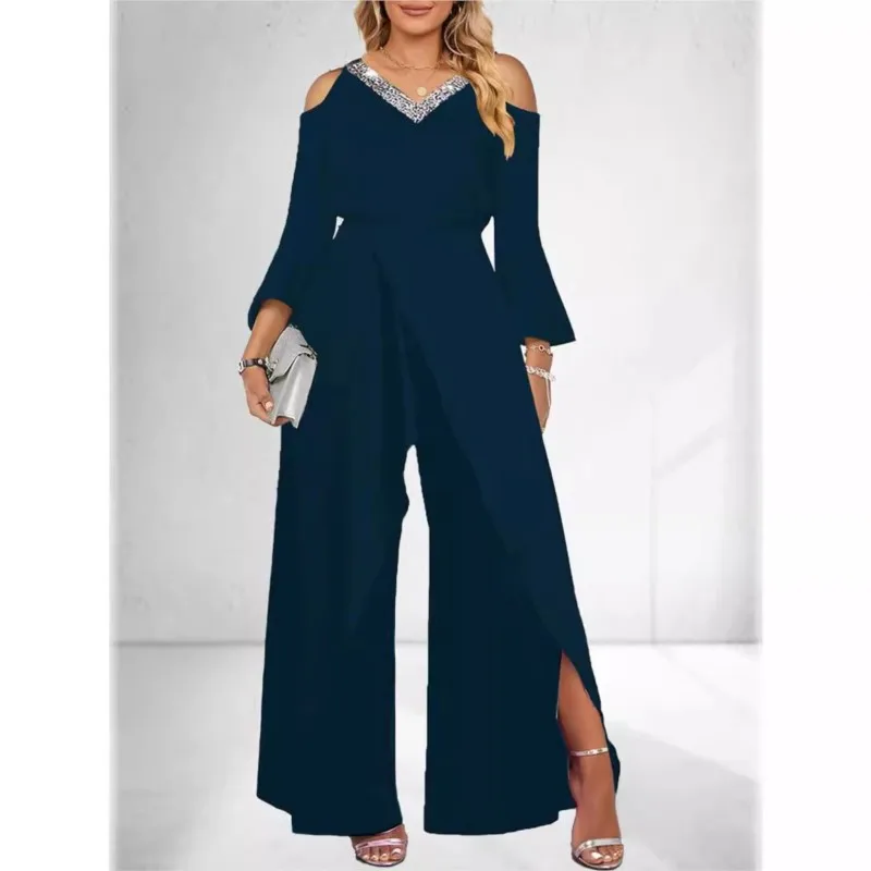 Autumn Women's Sexy Cold Shoulder Jumpsuit Sequin Decorate Flared Sleeve High Slit Wide Leg Party Elegant Romper Spring New