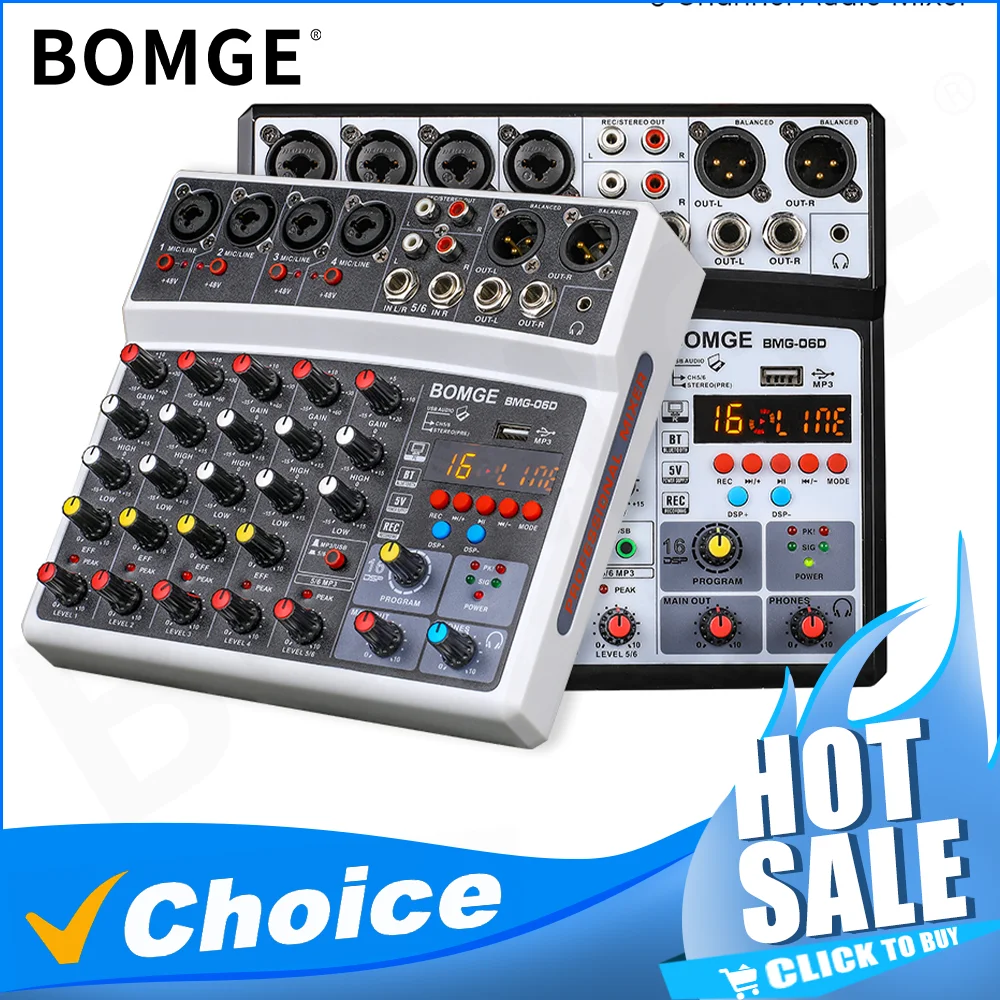 BOMGE Wireless 6 Channel Audio Mixer Portable Mixing Console USB Interface Sound Card With 16 DSP Echo 48V Phantom Power