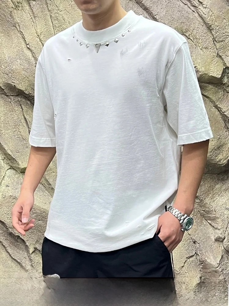 

Heavy Duty 400g Ripped Hem Short Sleeve T-Shirt Men's Loose Fit Summer Casual round Neck Cotton Pure Breathable