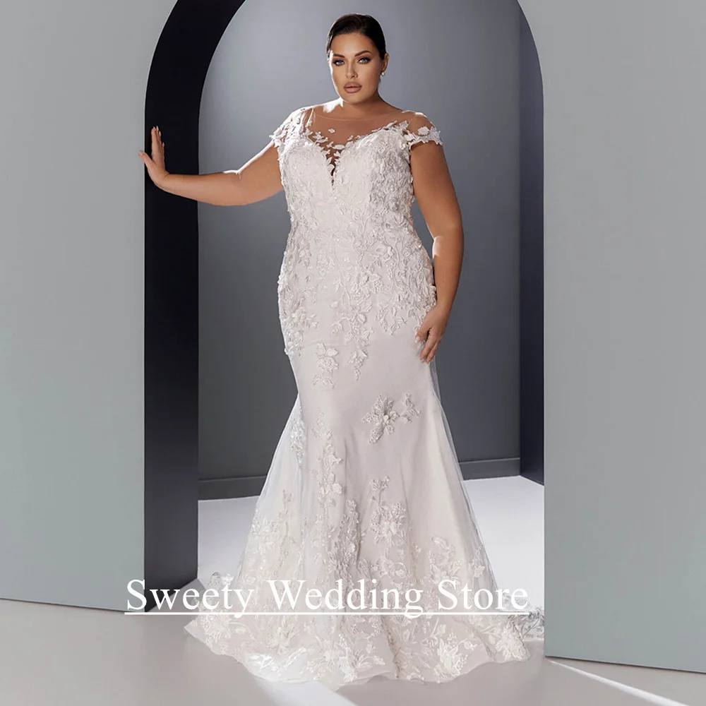 Lady PLUS ขนาดชุดเดรสเมอร์เมดรถไฟที่ถอดออกได้ที่กําหนดเอง Scoop หมวก Sweep Train เจ้าสาวชุดเจ้าสาว Robe Mariee