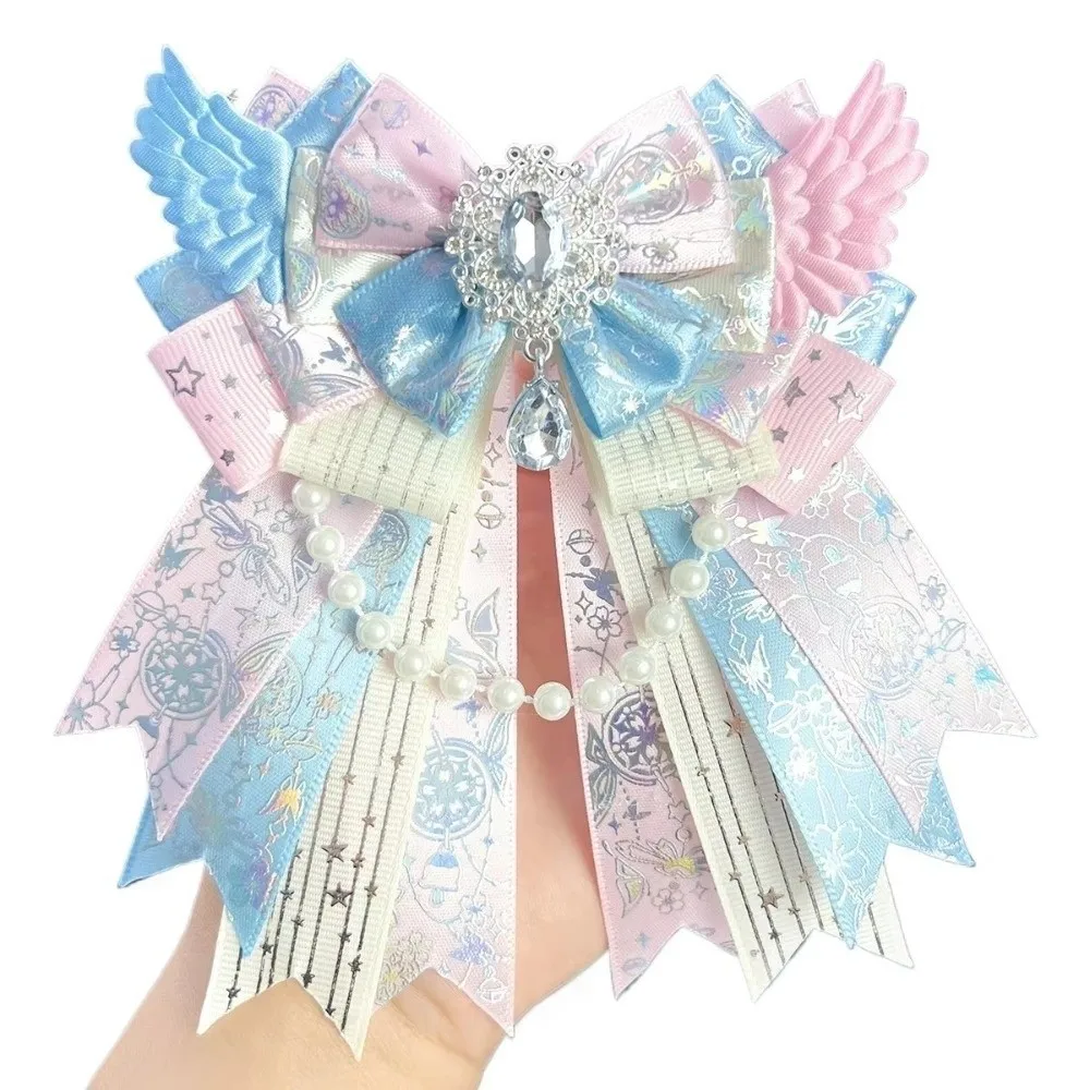 Gifts Double Layer Bow Brooch Bead Chain Gemstone Pendant Bow Pin Handmade DIY Butterfly Knot Brooch Cosplay Event