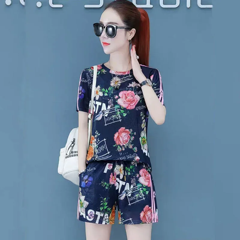

Women's Casual Suit 2025 Summer New Running Sportswear Loose Printed Crop Tops Shorts Two Piece Sets For Women T-shirt Clothing