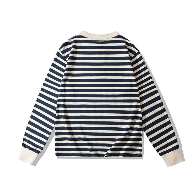 230g Heavy Long Sleeved Striped Henry Collar T-shirt Men Deck Sea Soul Shirt Japanese Casual Straight Pullover T-shirt Dailywear