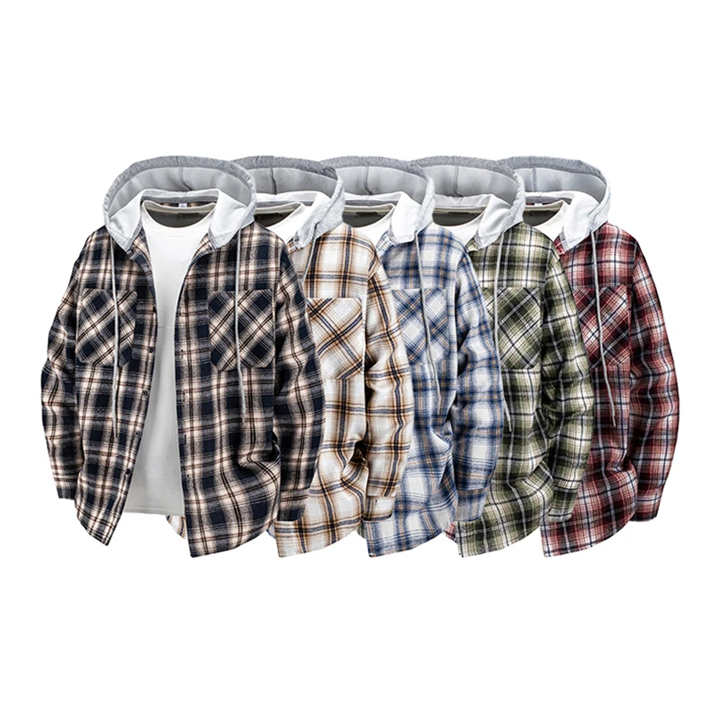 Hooded men's and women's wearable plaid shirts, Japanese shirt jackets for spring and fall, loose-fitting long-sleeve jackets.