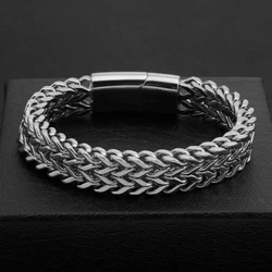 Stainless Steel Braided Double Row Metal Bracelet with Magnetic Clasp Men's Personalized Hip Hop Rock Party Punk Jewelry