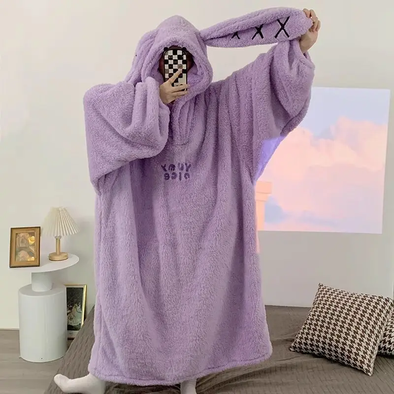 

150kg Flannel Cute Ear Hooded Long Nightgown Women's Autumn Winter Coral Fleece Warm Pajamas Loungewear Home Clothes House Coat