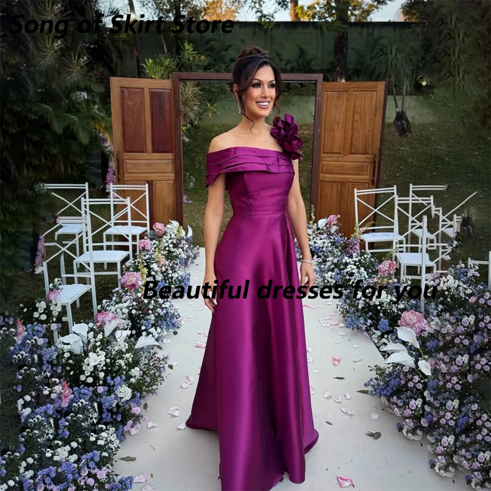 Elegant Wedding Party Dress Customized Off Shoulder Ruffled Flower A Line Satin Floor Length Evening Dress Women Prom Gown