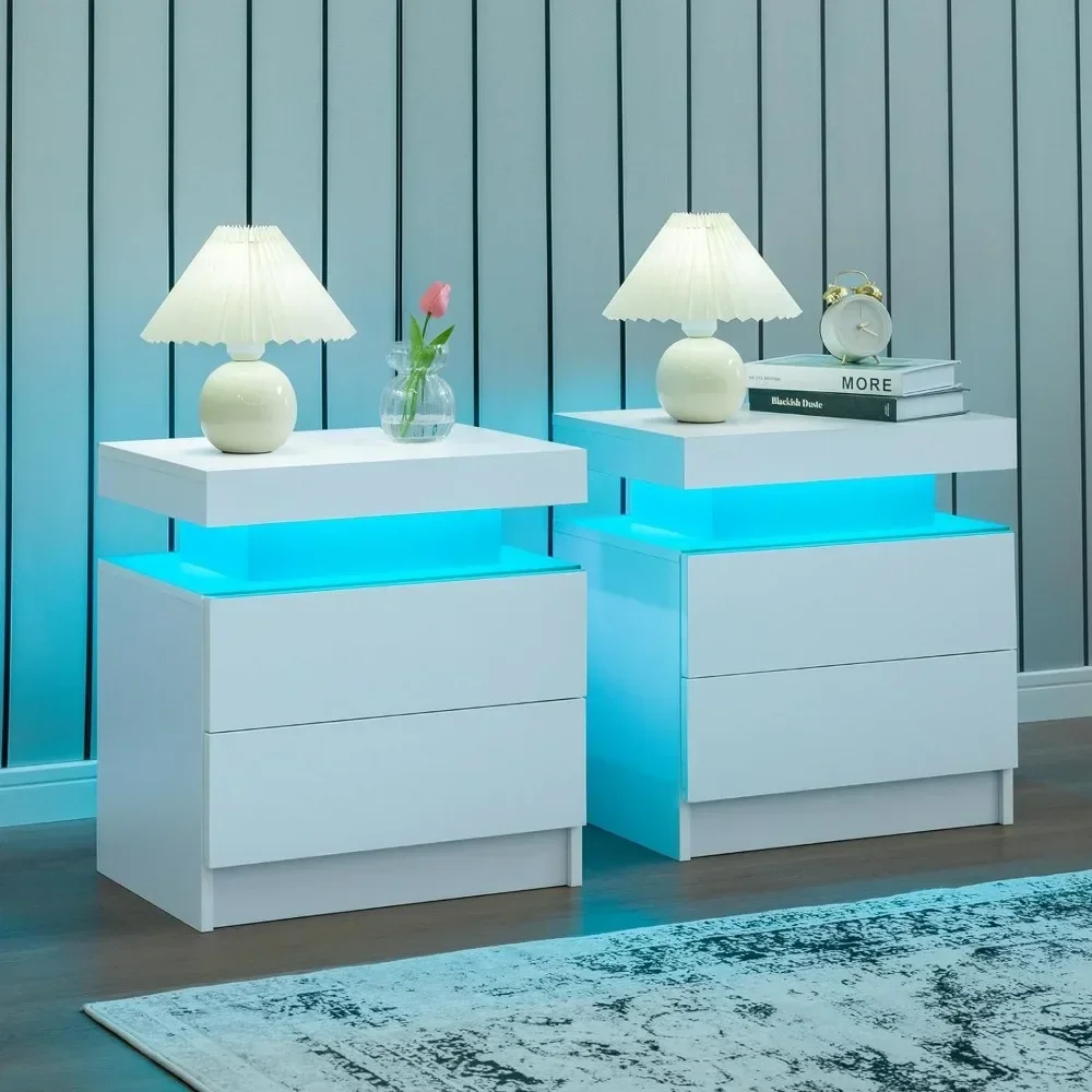 

Set of 2 LED Nightstand with 2 Drawers, Bedside Table with Drawers for Bedroom Furniture, Side Bed Table with LED